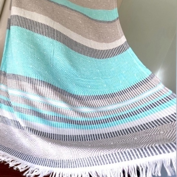 Loom Weave Hand Crafted 2 Side Organic Cotton Travel Blanket Wrap Gray Aqua Tan - Picture 5 of 14